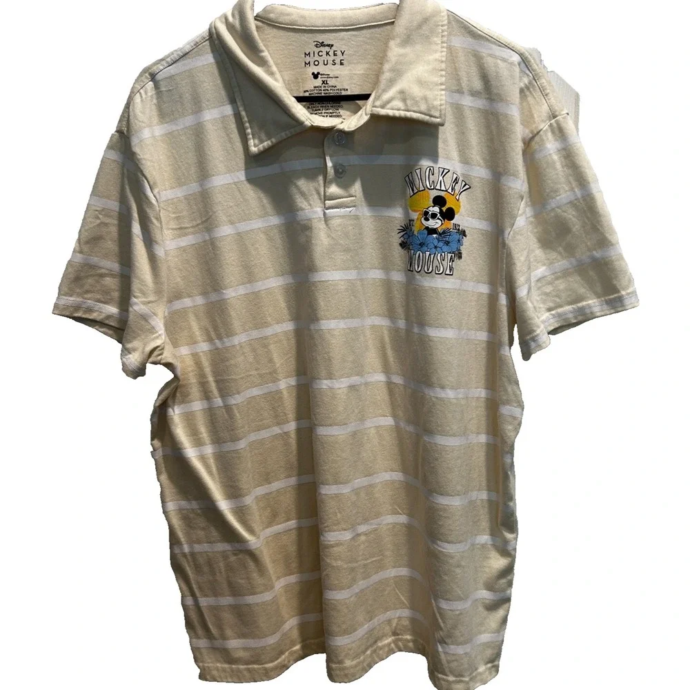 Disney Mickey Mouse Men's Polo Shirt XL Cotton Blend Yellow White Stripe